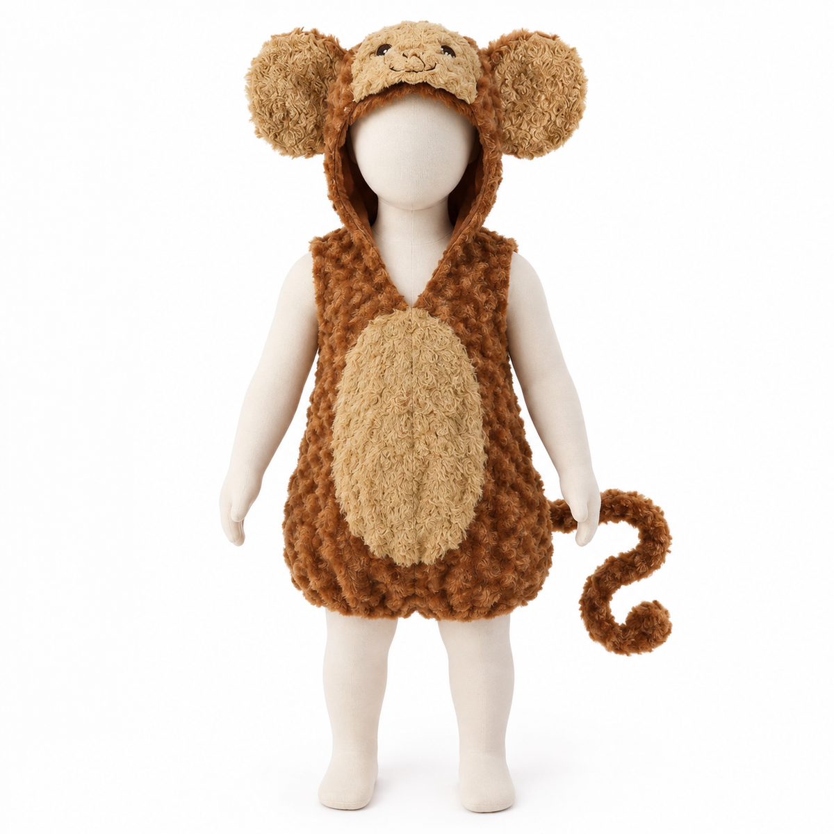 Baby Monkey Costume: Brown Sleeveless Hooded Jumpsuit with 3D Ears, Face