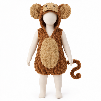 Baby Monkey Costume: Brown Sleeveless Hooded Jumpsuit with 3D Ears, Face