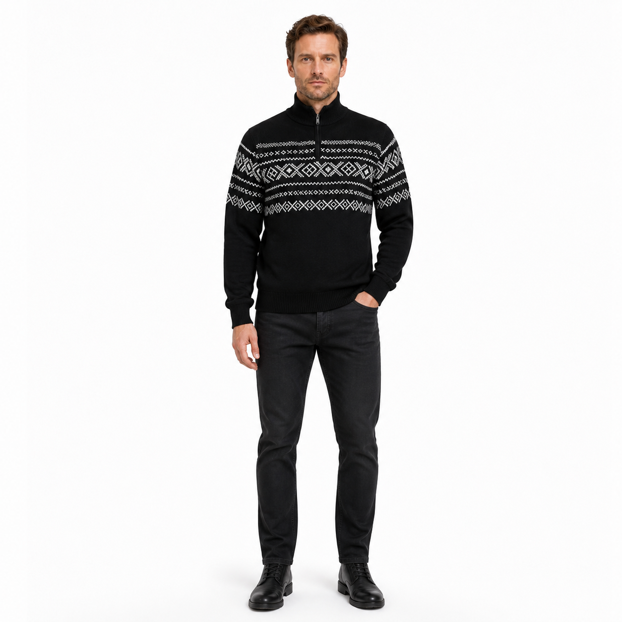 Retro Nordic Black Knit Sweater with Stand Collar, Half-Zip, and White Diamond product detail