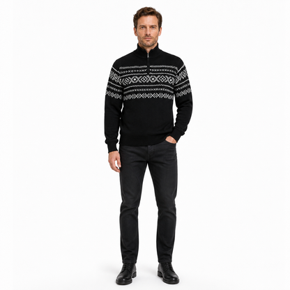 Retro Nordic Black Knit Sweater with Stand Collar, Half-Zip, and White Diamond product detail