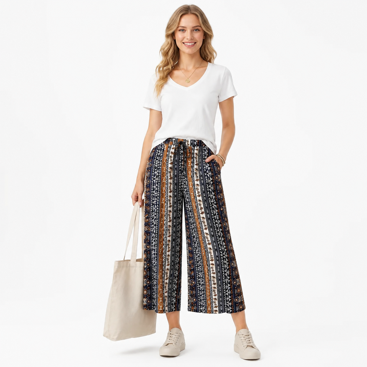 Bohemian High-Waist Wide-Leg Drawstring Pants with Multi-Color Vertical Stripes product detail