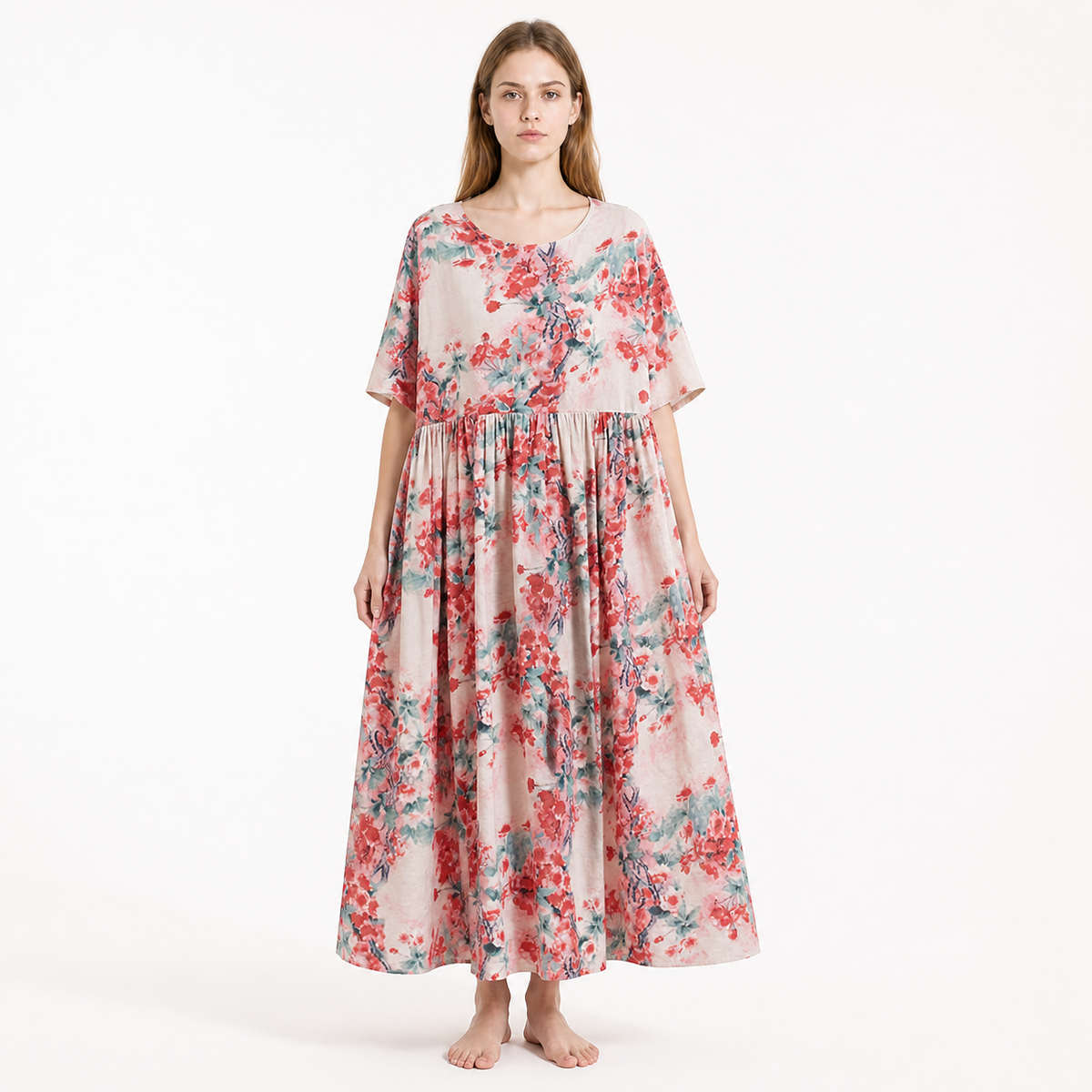 Floral Print Short Sleeve Long Dress with Waist Gathering and Flared Skirt Costume Dresses detail