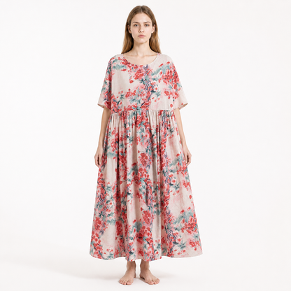 Floral Print Short Sleeve Long Dress with Waist Gathering and Flared Skirt Costume Dresses detail