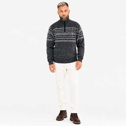 Gray Half-Zip High Collar Knit Sweater with Geometric Jacquard Pattern, Long product detail