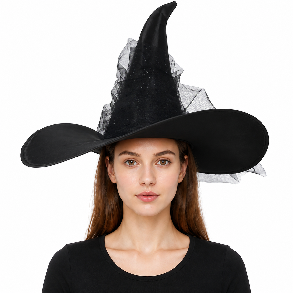1pc Black Halloween Witch Hat Wide Brim Tall Pointed Wizard Cap with Mesh main product view 5