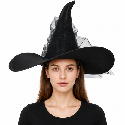 1pc Black Halloween Witch Hat Wide Brim Tall Pointed Wizard Cap with Mesh main product view 5