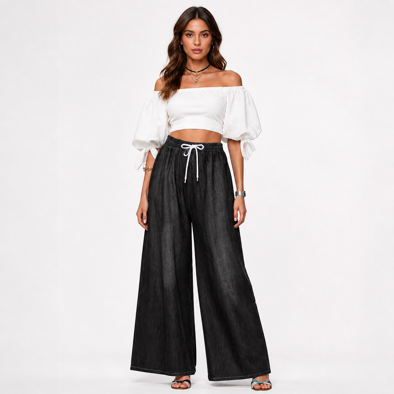 Solid Black Wide-Leg Pants with Elastic Waist and Contrast White Drawstrings product detail