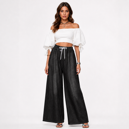 Solid Black Wide-Leg Pants with Elastic Waist and Contrast White Drawstrings product detail