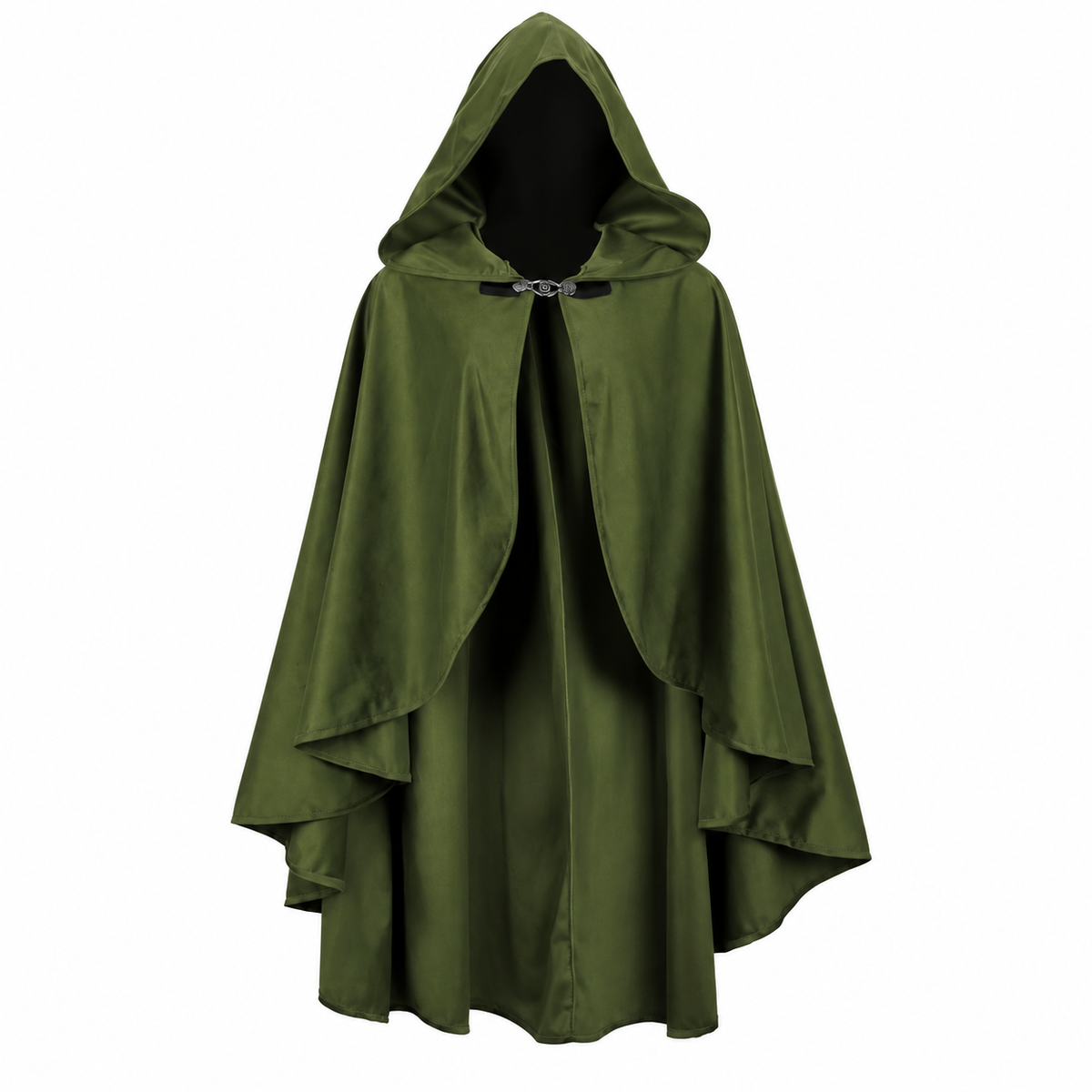 Olive green cloak costume with hood, open front, long panels, belt with buckle