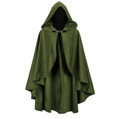 Olive green cloak costume with hood, open front, long panels, belt with buckle