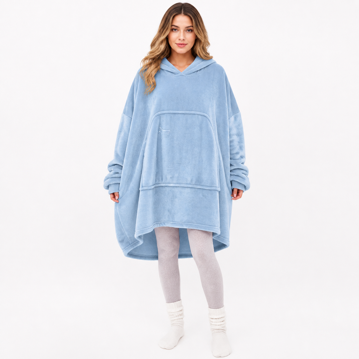 Sky Blue Hooded Long Coat with Asymmetric Hem, Large Front Pockets, Loose Long product detail