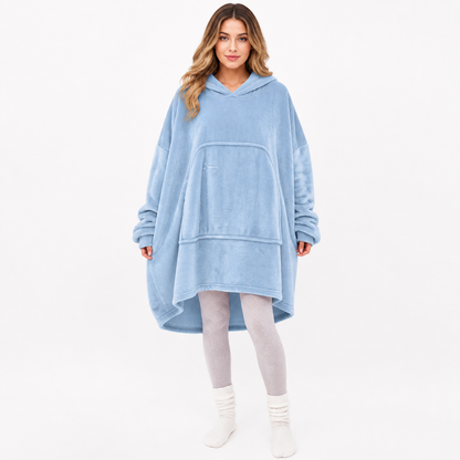 Sky Blue Hooded Long Coat with Asymmetric Hem, Large Front Pockets, Loose Long product detail