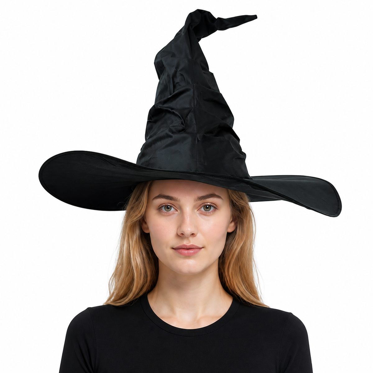 Black Halloween Witch Hat Wide Brim Pointed Wizard Hat Ruched Asymmetrical Brim Costume Headwear detail