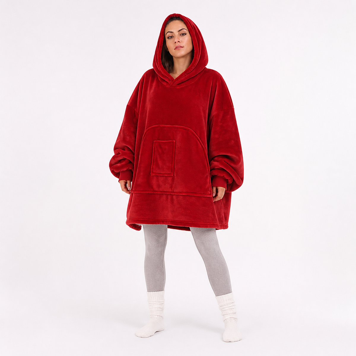 Red Long-Sleeved Hooded Top with Large Kangaroo Pocket, Loose Oversized Fit product detail