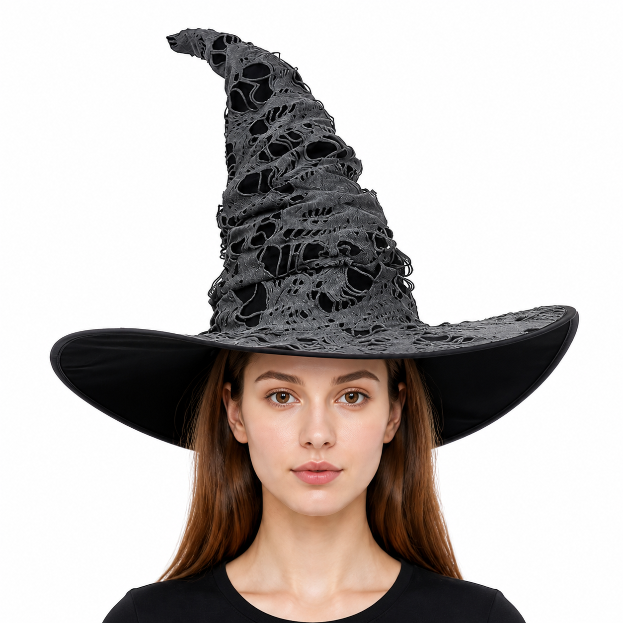 Gray Black Halloween Witch Hat For Women Wide Brim Curved Pointed Tattered Torn Costume Headwear detail