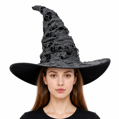 Gray Black Halloween Witch Hat For Women Wide Brim Curved Pointed Tattered Torn Costume Headwear detail