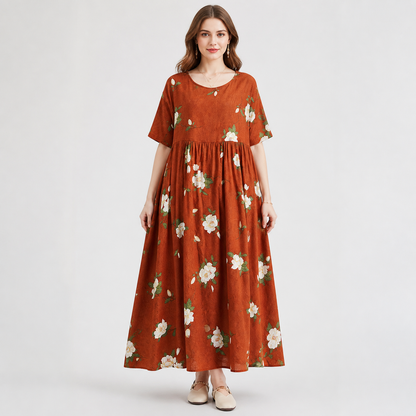 Rust Red Floral Print Short Sleeve Long Dress with Pleated High Waist and A-Line Costume Dresses detail