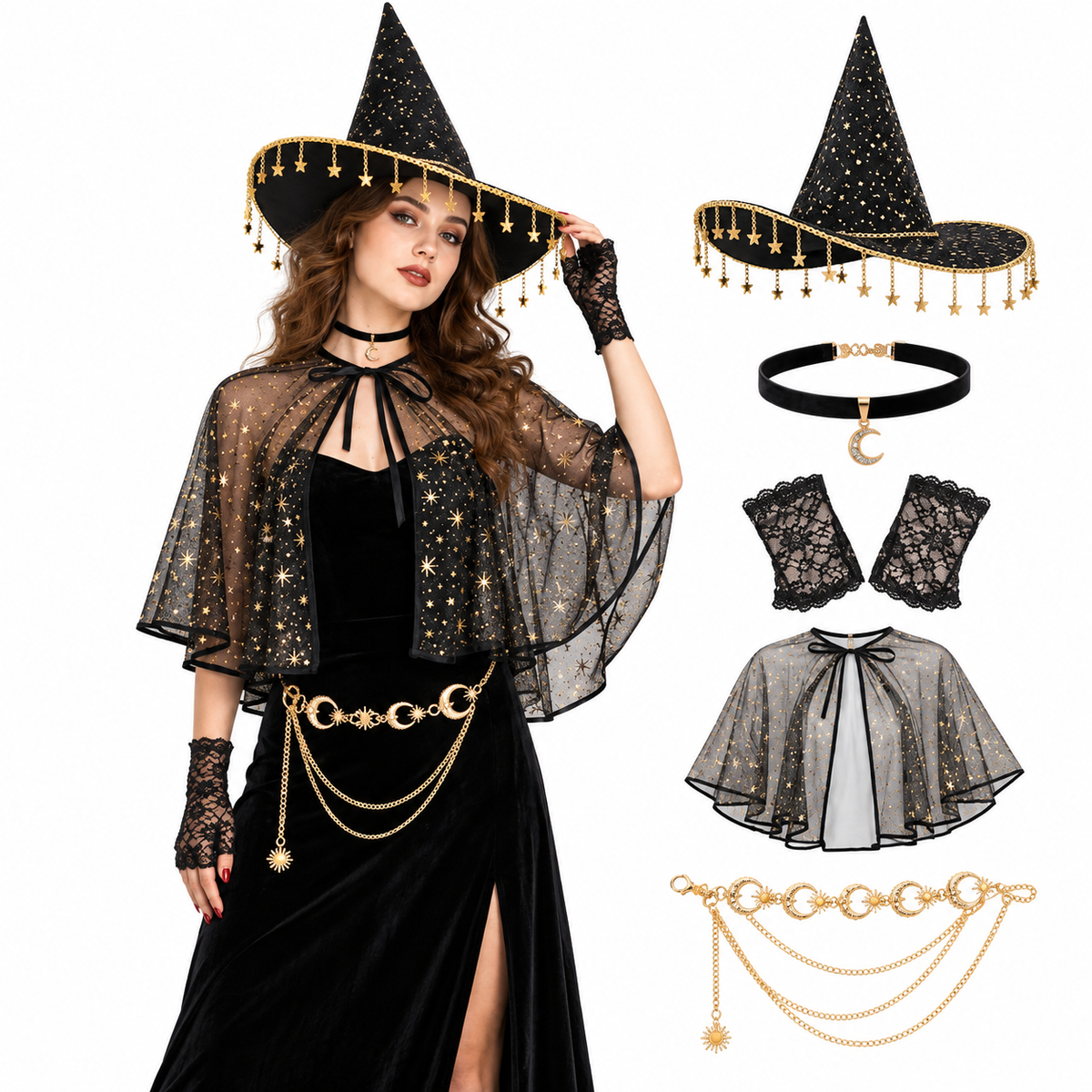 5-Piece Witch Costume Accessory Set: Hat, Choker, Gloves, Cape, and Waist Chain