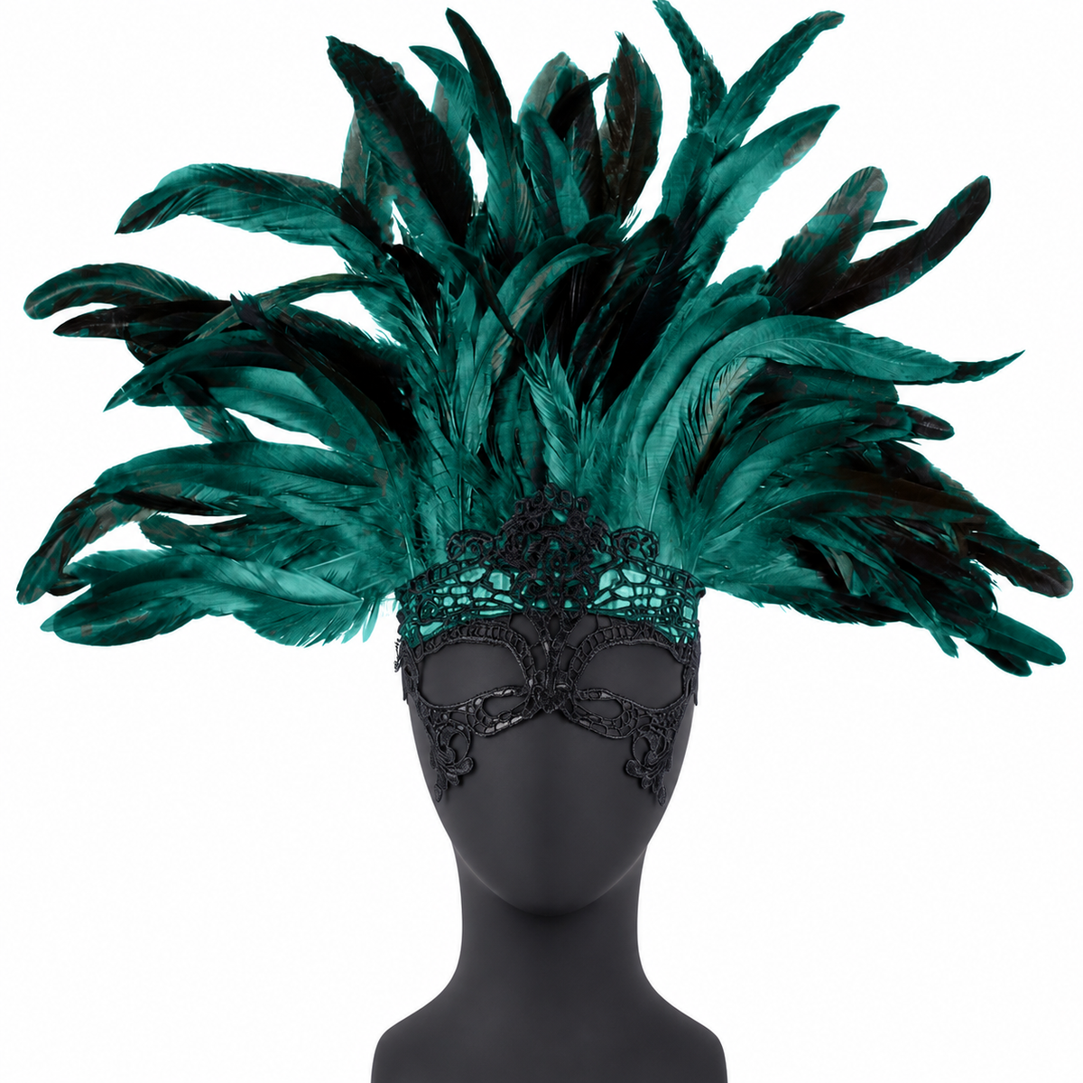 1pc Green Feather Headpiece With Black Lace Eye Mask, Exaggerated Party Style Costume Masks detail