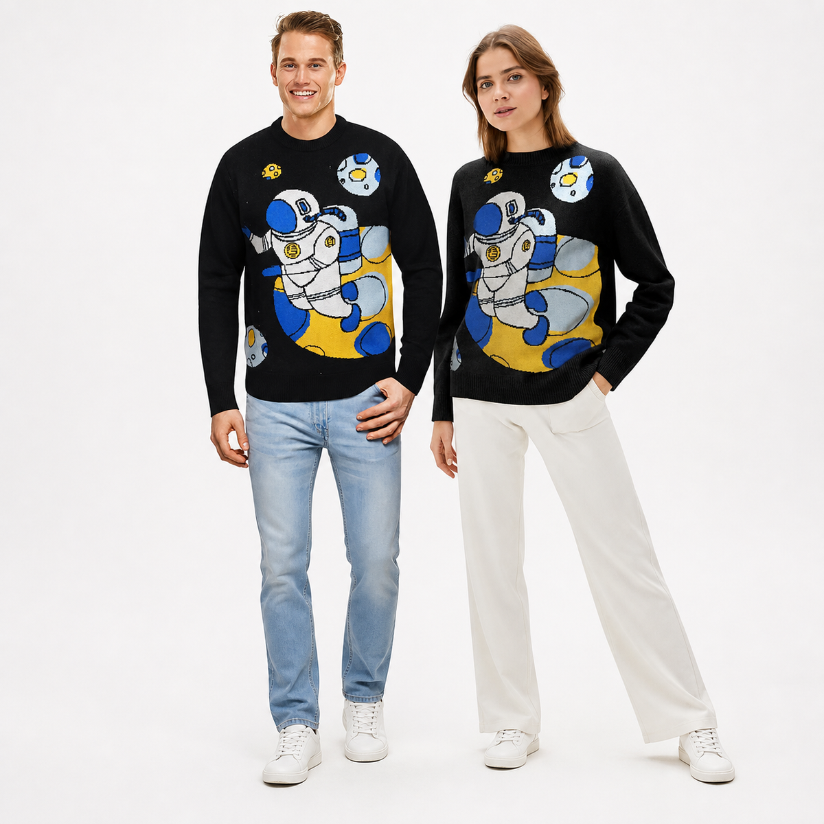 Black Crew Neck Long Sleeve Knit Sweater with Space Themed Astronaut and Planet product detail