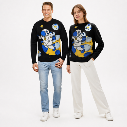 Black Crew Neck Long Sleeve Knit Sweater with Space Themed Astronaut and Planet product detail