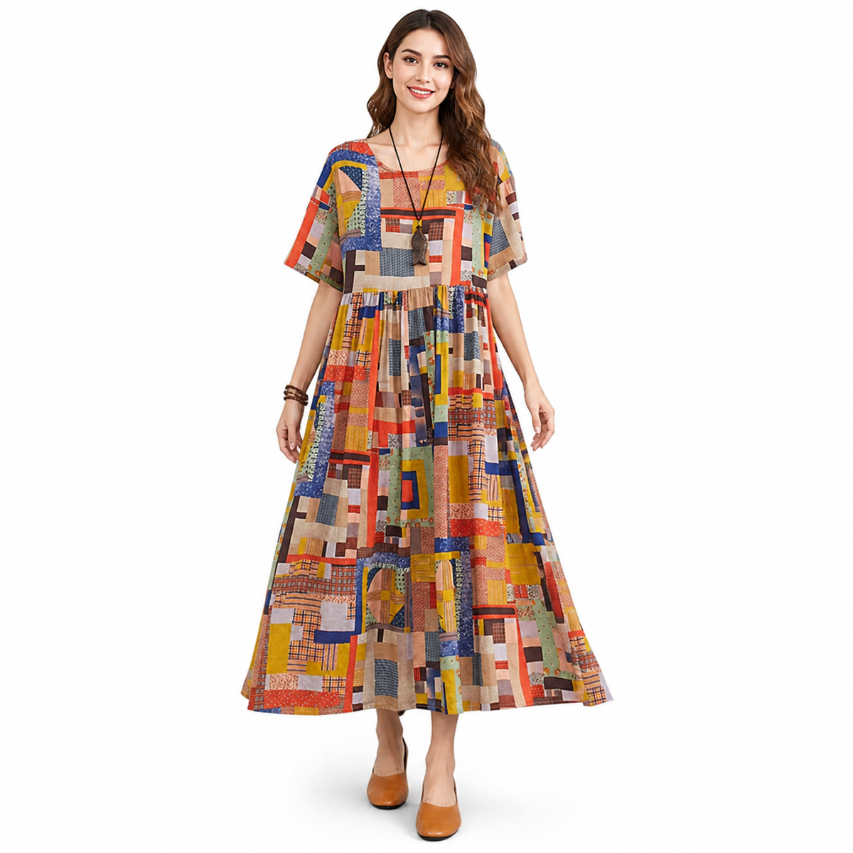 Colorful Geometric Patchwork Print Short Sleeve Long A-Line Dress with Round Costume Dresses detail