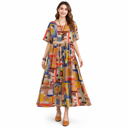 Colorful Geometric Patchwork Print Short Sleeve Long A-Line Dress with Round Costume Dresses detail
