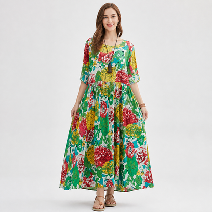 Green Multicolor Floral Print Long Dress with Short Sleeves, Round Neck, Wide Costume Dresses detail