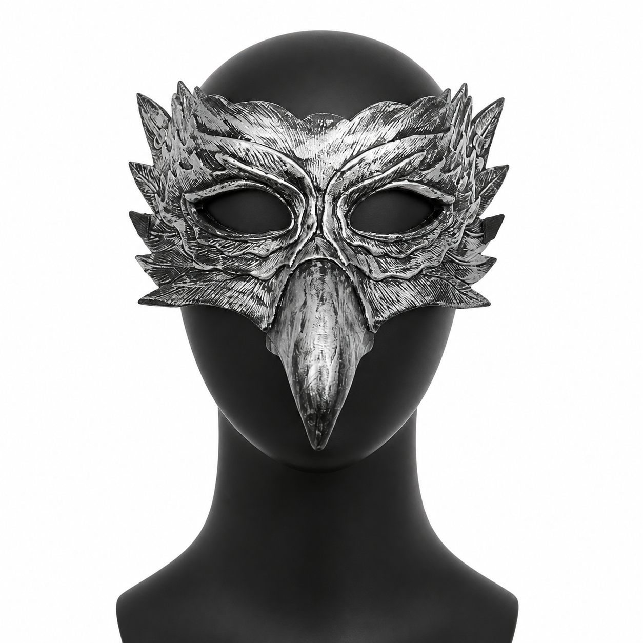 1pc Silver Black Eagle Feather Half Face Mask with Long Beak, Layered Feathers Costume Masks detail