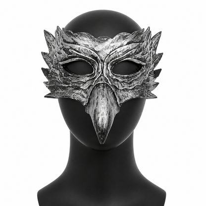 1pc Silver Black Eagle Feather Half Face Mask with Long Beak, Layered Feathers Costume Masks detail