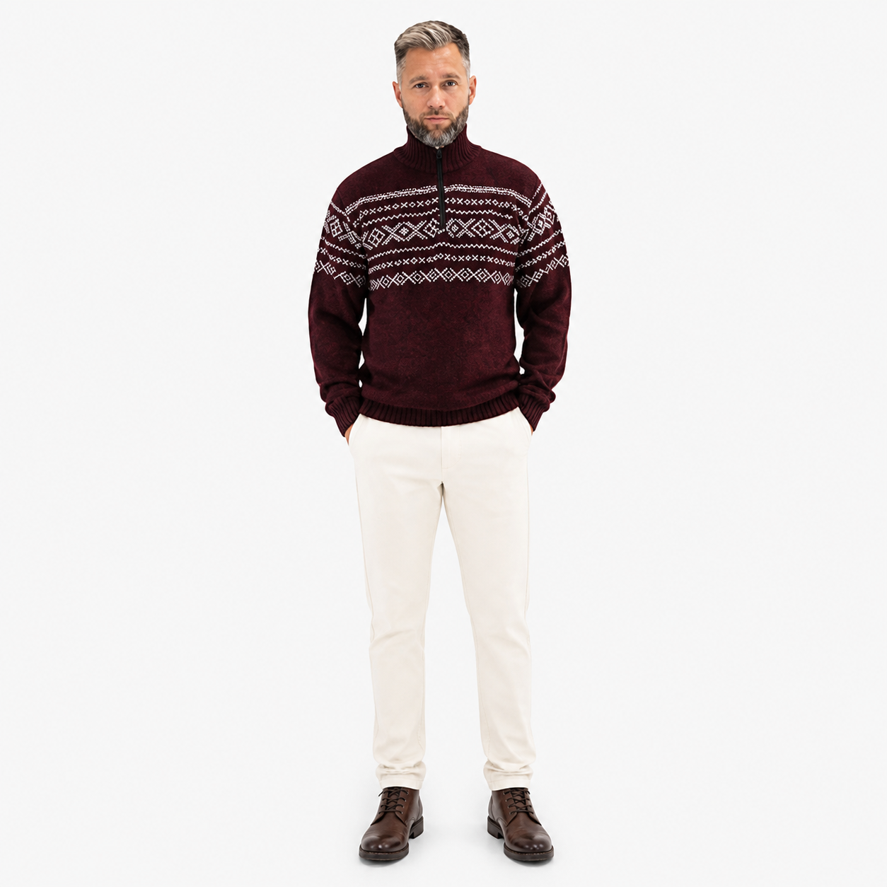Wine Red Knit Sweater with Black Half-High Collar, Front Zipper, Long Sleeves product detail