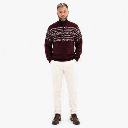 Wine Red Knit Sweater with Black Half-High Collar, Front Zipper, Long Sleeves product detail