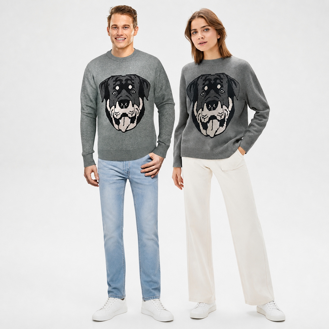 Gray Knit Sweater with Playful Dog Face Print, Long Sleeve, Crew Neck, Ribbed product detail