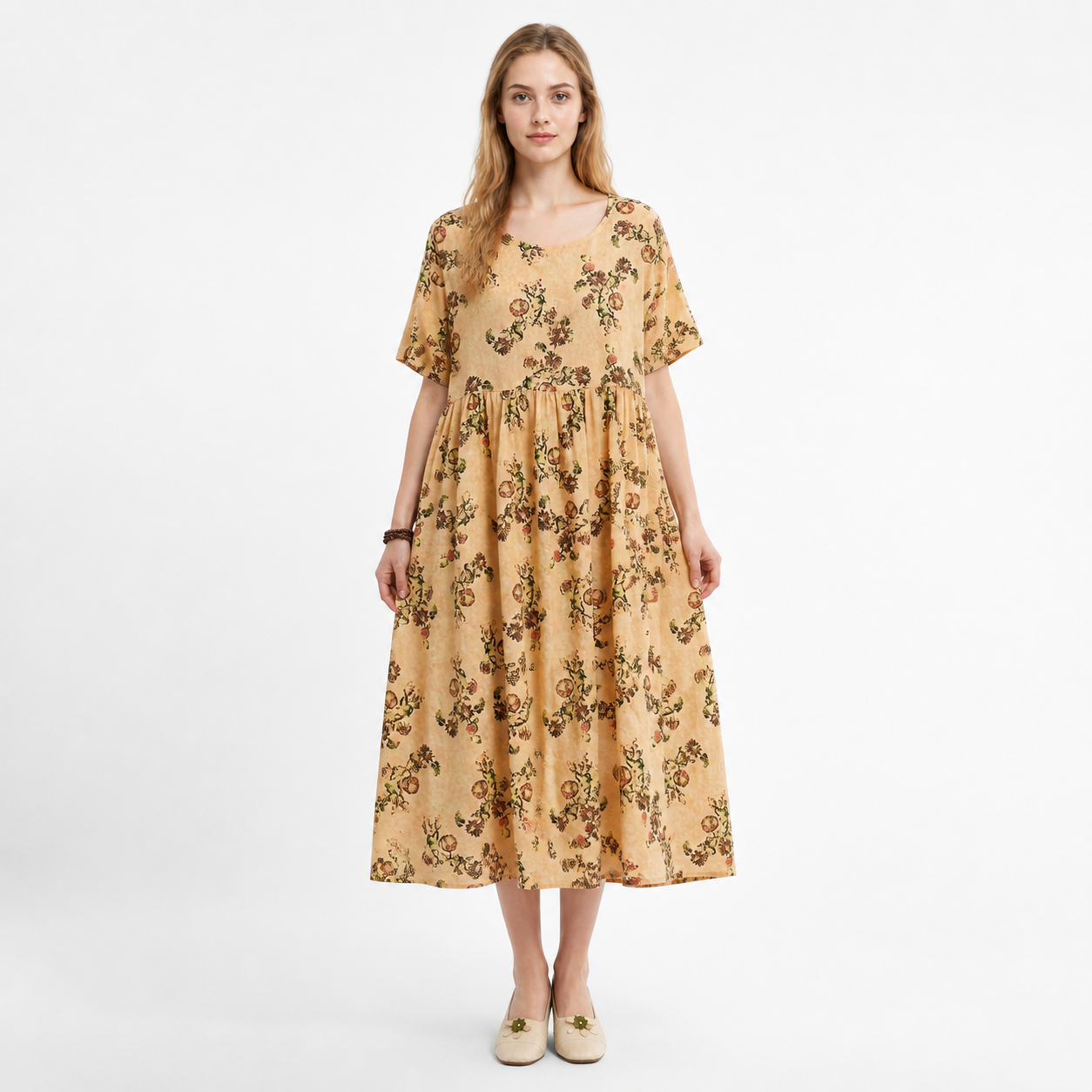 Full Body Floral Print Short Sleeve Loose Fit Long Dress with Waist Pleating and Costume Dresses detail