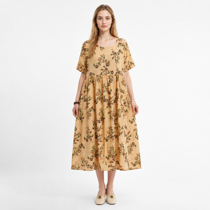 Full Body Floral Print Short Sleeve Loose Fit Long Dress with Waist Pleating and Costume Dresses detail