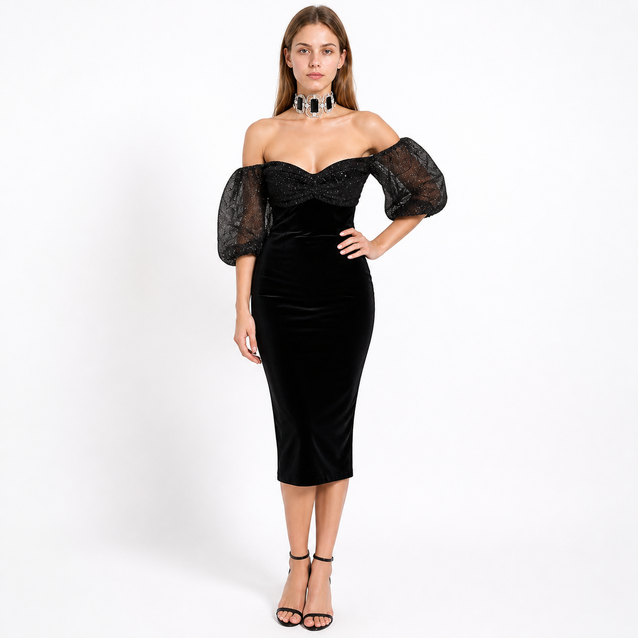 Black Off-Shoulder Dress with Long Puff Sleeves, Shiny Texture, Fitted Costume Dresses detail