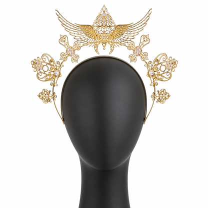 1pc Gold Halo Wing Headband, Ornate Metal Headpiece with Symmetrical Floral and Costume Headwear detail