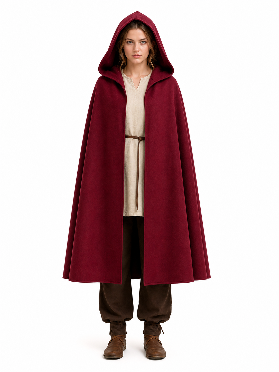 Medieval Hooded Cloak Wine Red Cape with Overlapping Front and Irregular Draped Hem for Cosplay, Theme Parties, Stage Performances and Fantasy Photography