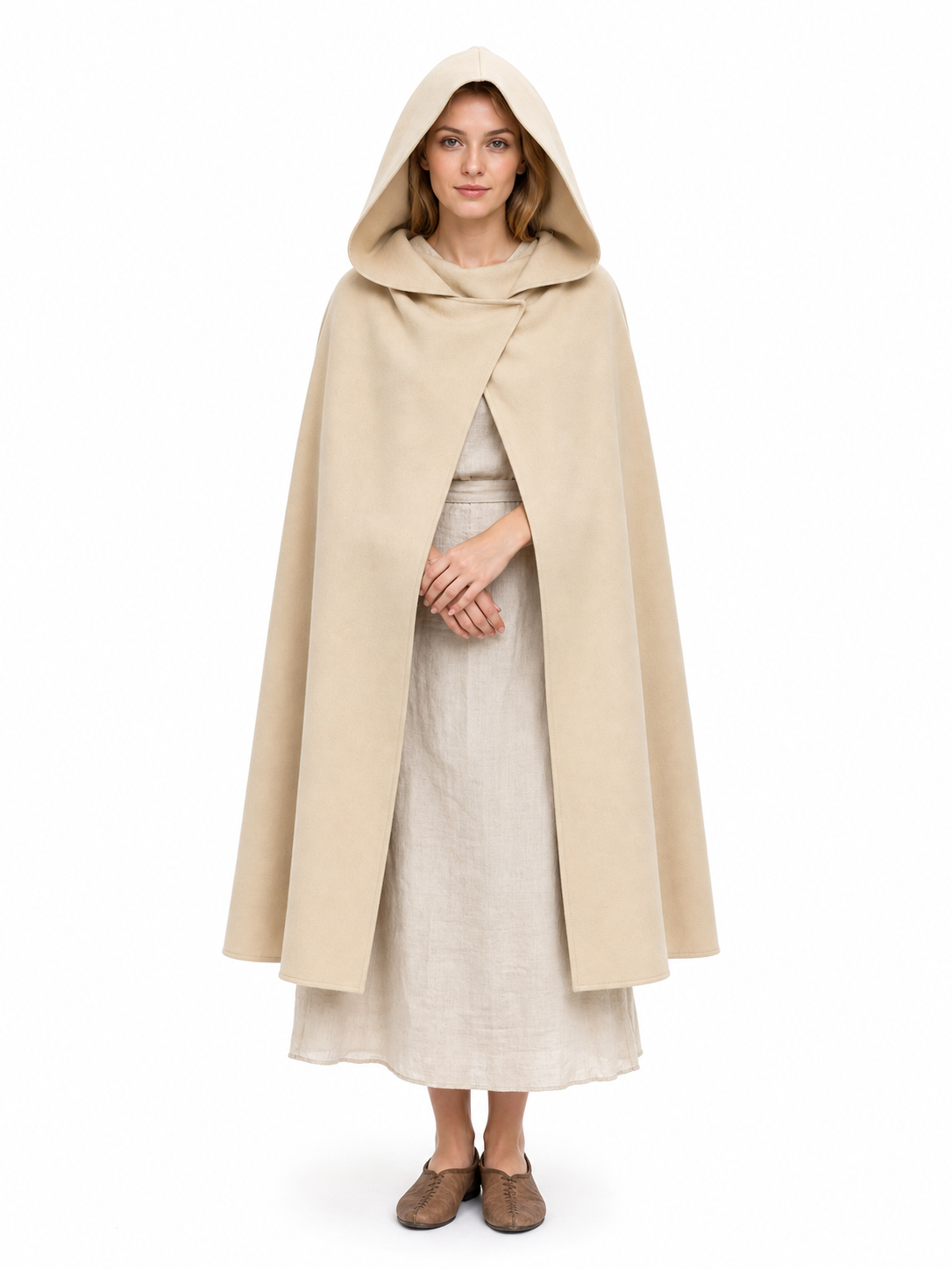 Medieval Hooded Cloak, Pointed Hood Full-Length Draped Cape in Khaki for Cosplay, Fantasy Costumes and Historical-Style Outdoor Outfits