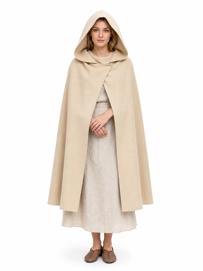 Medieval Hooded Cloak, Pointed Hood Full-Length Draped Cape in Khaki for Cosplay, Fantasy Costumes and Historical-Style Outdoor Outfits