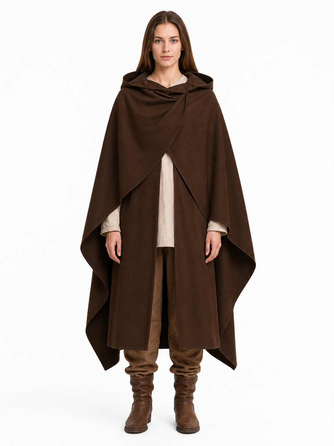 Medieval Fantasy Hooded Cloak, Deep Brown Long Draped Cape with Overlapping Front and Pointed Hem for Role Play, Stage Styling and Outdoor Wear