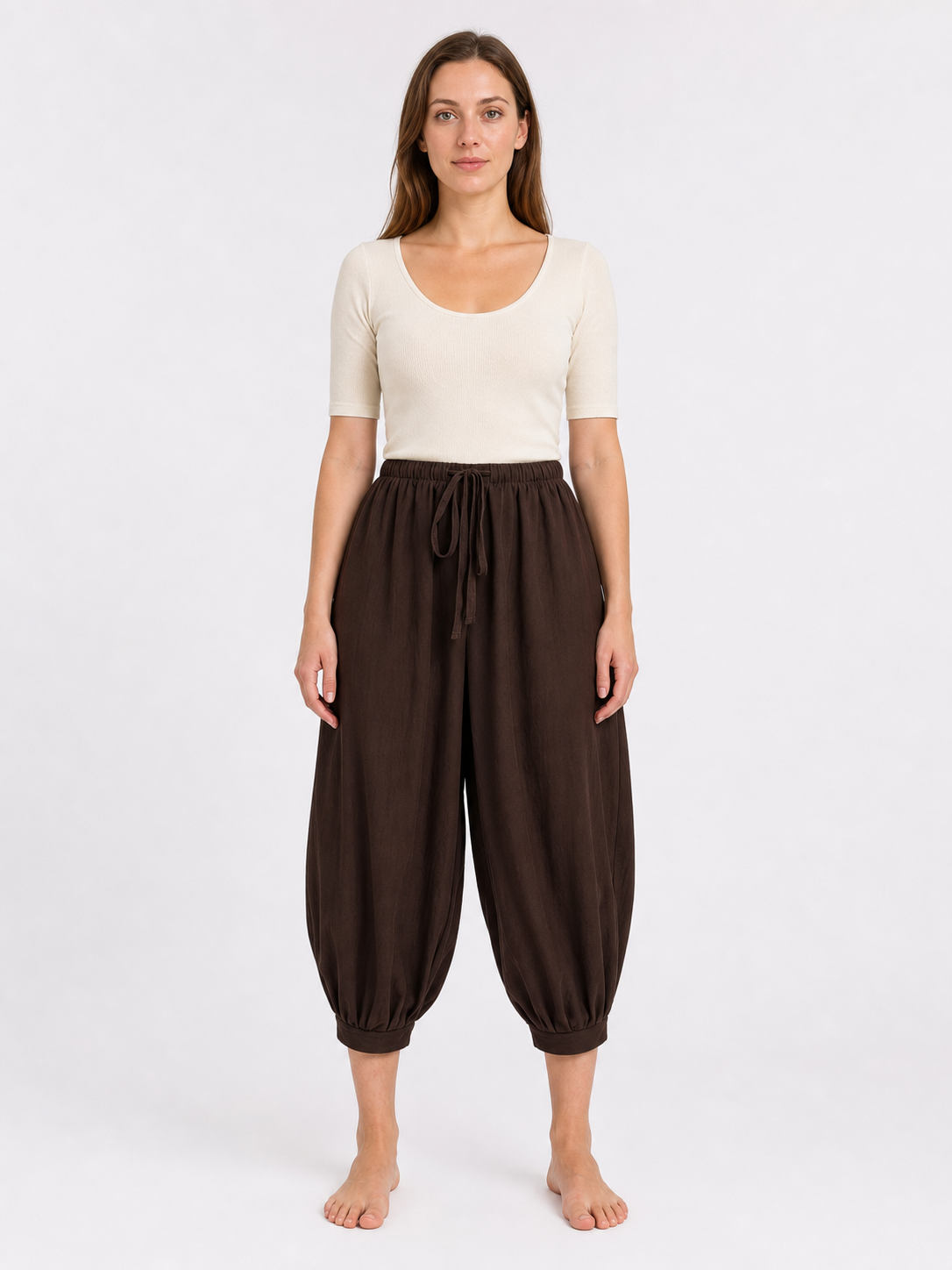 Brown Cotton-Linen Aladdin Pants