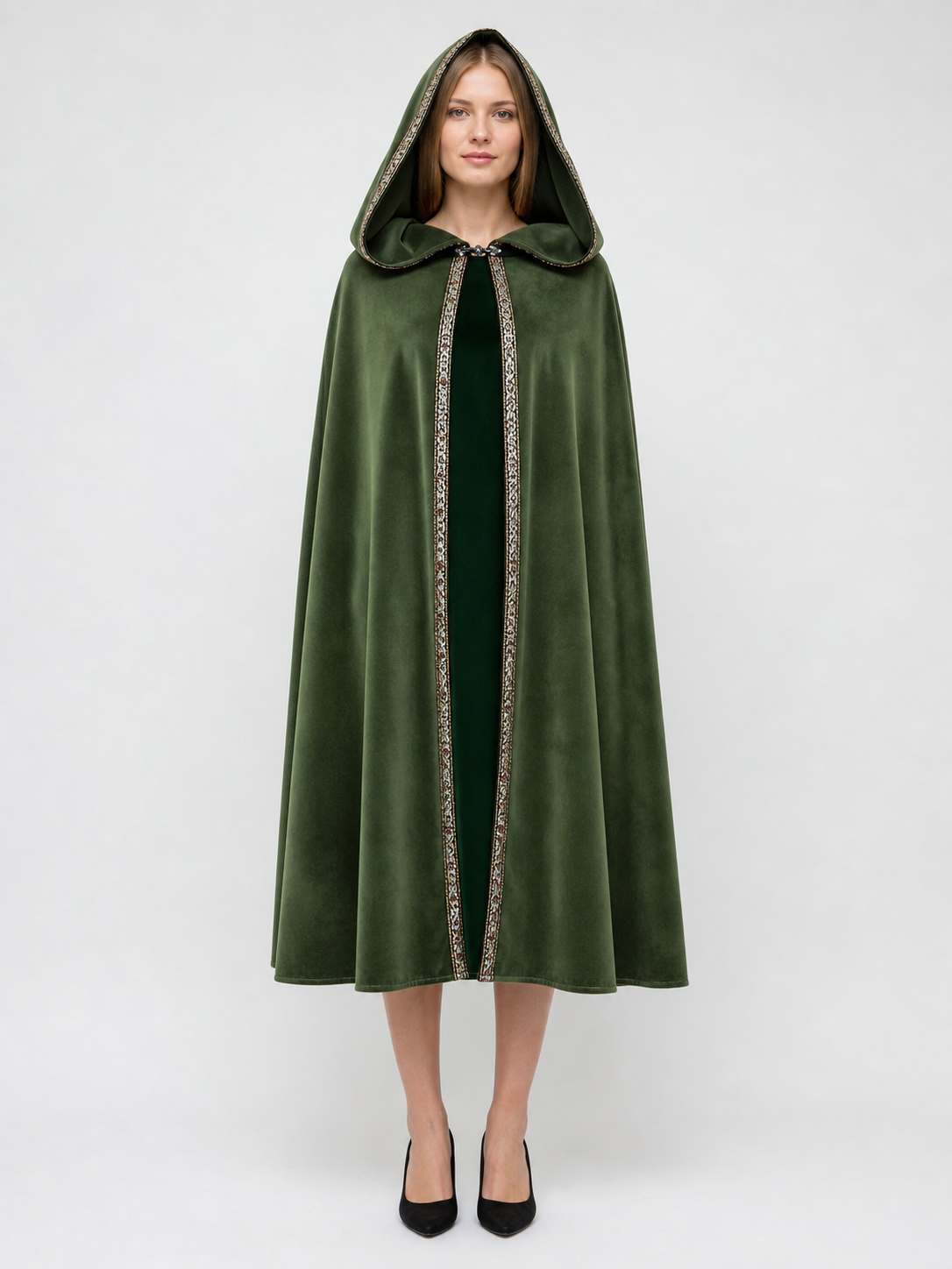Green Carnival Cloak with Hood and Trim