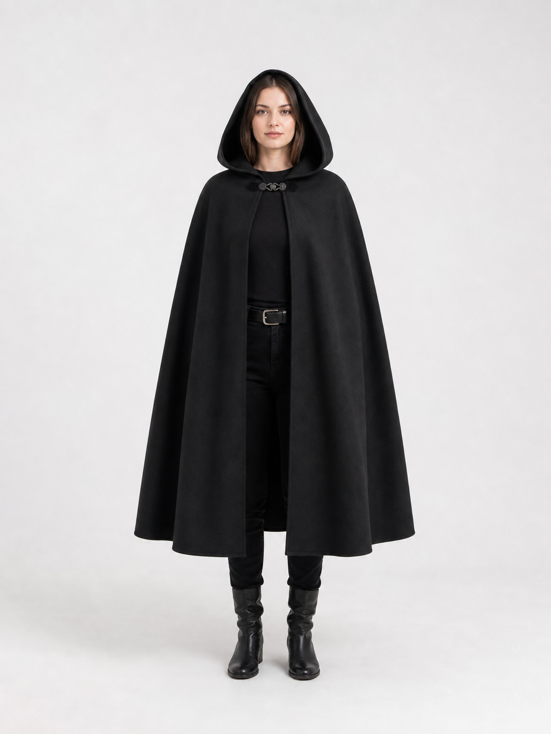 Long black hooded carnival cloak