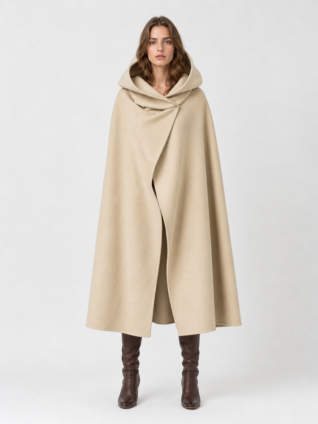 Medieval Hooded Cloak, Pointed Hood Full-Length Draped Cape in Khaki for Cosplay, Fantasy Costumes and Historical-Style Outdoor Outfits