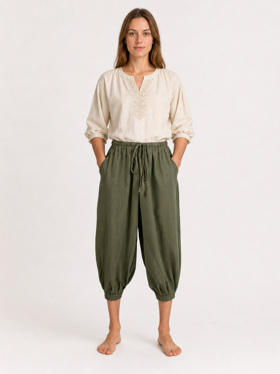 Olive 7/8 Harem Pants with Pockets and Drawstring