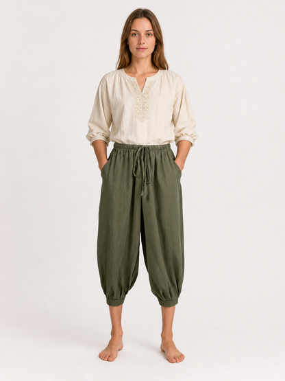 Olive 7/8 Harem Pants with Pockets and Drawstring