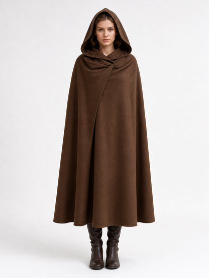 Medieval Fantasy Hooded Cloak, Deep Brown Long Draped Cape with Overlapping Front and Pointed Hem for Role Play, Stage Styling and Outdoor Wear