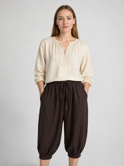 Brown Cotton-Linen Aladdin Pants