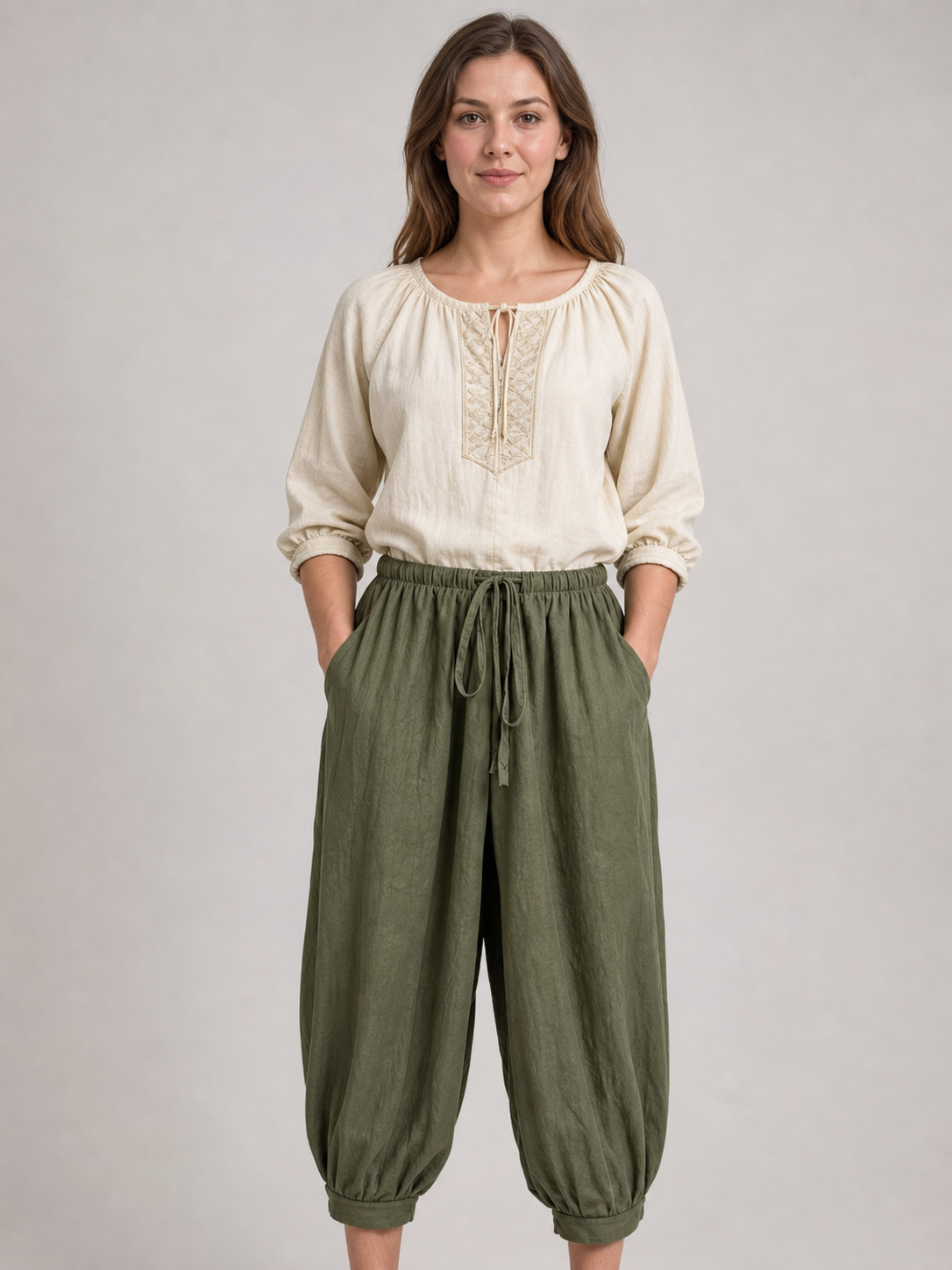 Olive 7/8 Harem Pants with Pockets and Drawstring